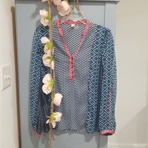 NWT, JW Long Sleeve Sheer V-Neck Blue, Pink and White Blouse